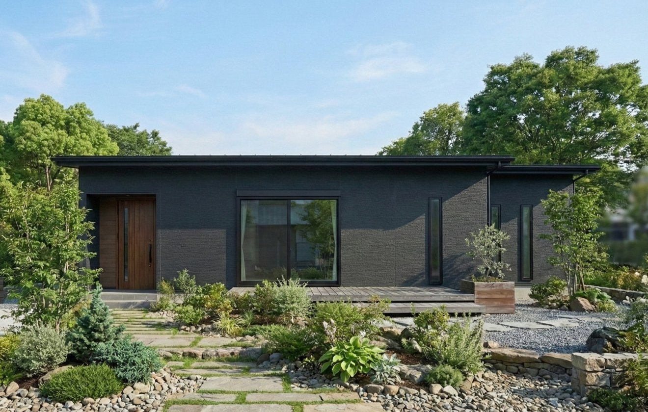 深みのあるブラックを基調とした外観が、周囲の景色の中で凛とした佇まいを描く平屋住宅。水平ラインを意識したフォルムと、ガルバリウム鋼板の屋根がシャープで洗練された印象を与えます。黒の外壁に玄関ドアのやさしい木の色味が映え、訪れる人を温かく迎え入れるアクセントに。落ち着きとぬくもりが共存する、品のあるファサードデザインです。※建物外観はイメージになります。