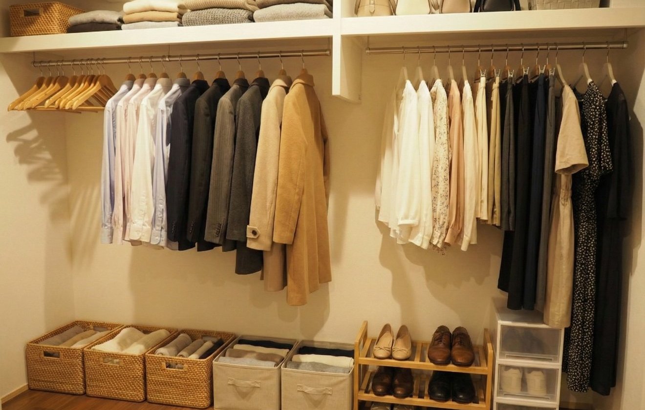 主寝室に隣接したウォークインクローゼットは、衣類や小物をたっぷり収められる大容量設計。扉を設けないオープンスタイルのため、出入りがしやすく、毎朝の身支度がストレスなく行えます。ハンガーパイプと棚をバランスよく配置し、服・バッグ・靴まで一か所にまとめて管理可能。“探す手間”をなくし、暮らしのリズムを整える収納空間です。